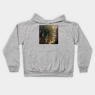 Eucalyptus Leaves on a Cottagecore Stone Wall Kids Hoodie